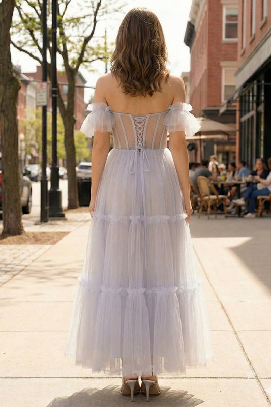 Illusion A-Line Corset Ruffled Tulle Prom Dress with Pleats | Sevoba