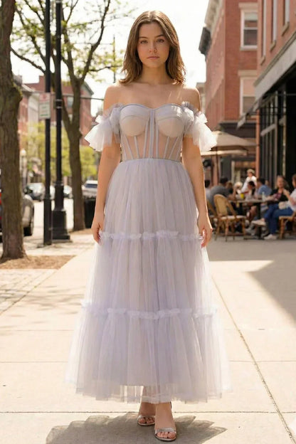 Illusion A-Line Corset Ruffled Tulle Prom Dress with Pleats | Sevoba