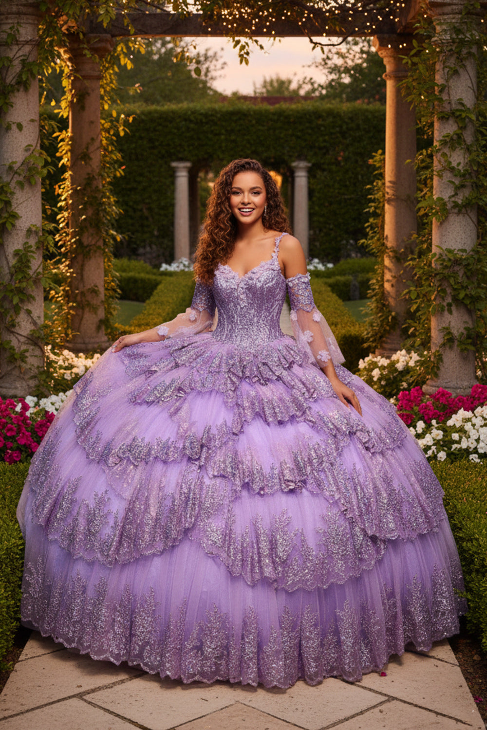 Layered Ruffled Ball Gown Cold Shoulder Quinceañera Dress With Embroidery | Sevoba