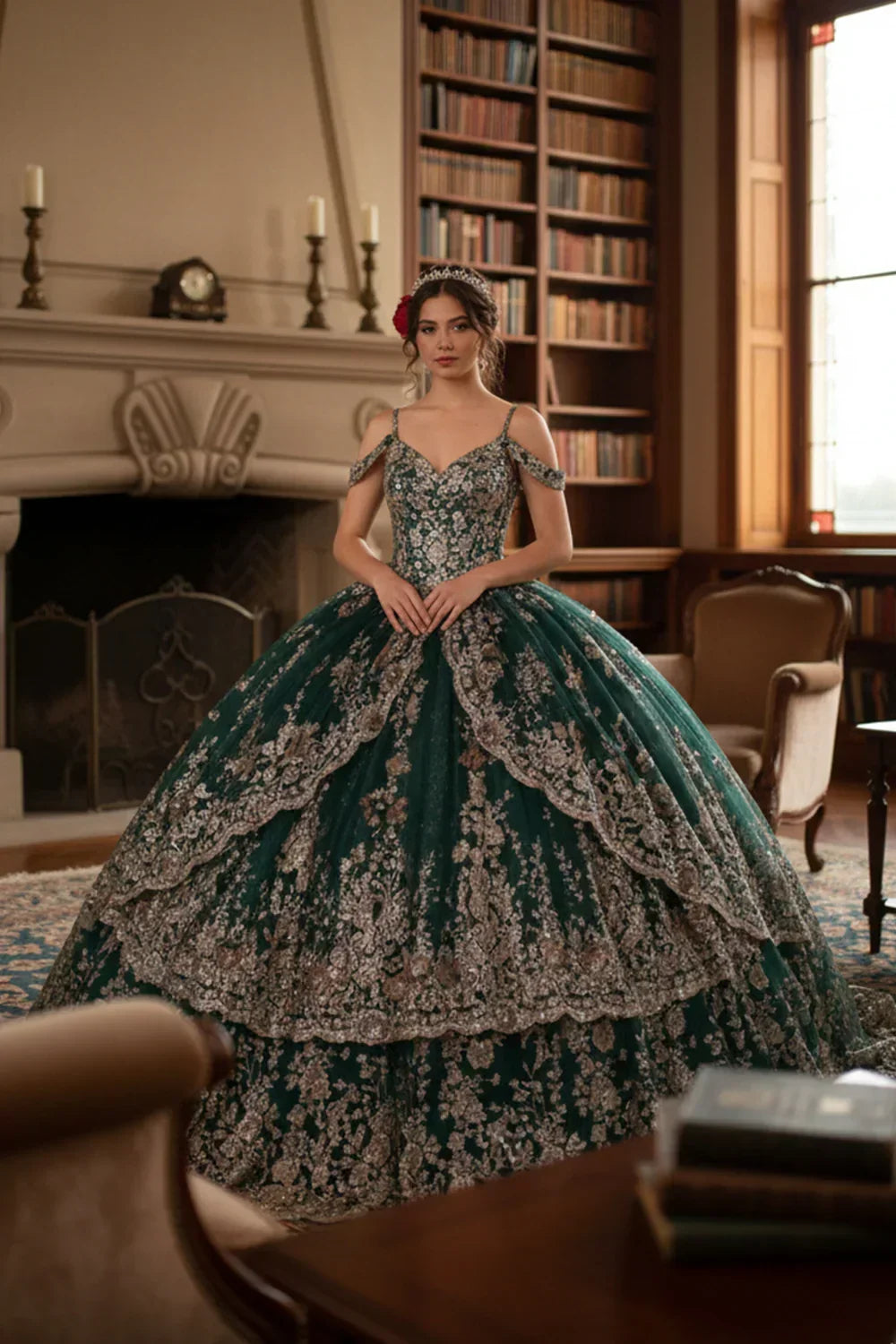 Woman in a green glitter lace ball gown with cold shoulders posing in an elegant library.
