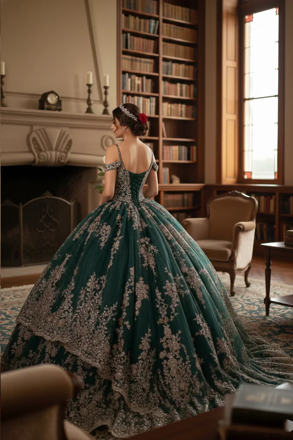 Woman in green glitter lace ball gown with cold shoulders in elegant library setting