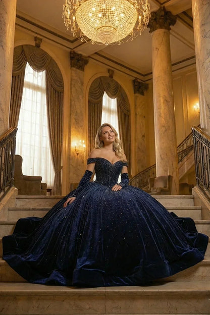 Woman in navy blue off-the-shoulder glitter ball gown seated on marble stairs in a grand hall
