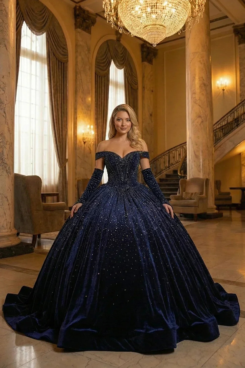 Woman in a luxurious navy blue velvet off-shoulder ball gown with glitter details in an elegant hall.
