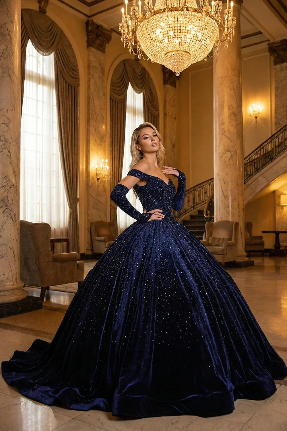 Woman in luxurious navy blue off-the-shoulder glitter ball gown in elegant ballroom
