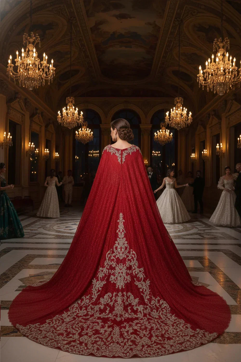 Woman in a red ball gown with gold embroidery and cape in an ornate ballroom