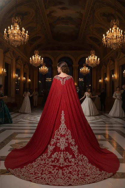 Woman in a red ball gown with gold embroidery and cape in an ornate ballroom