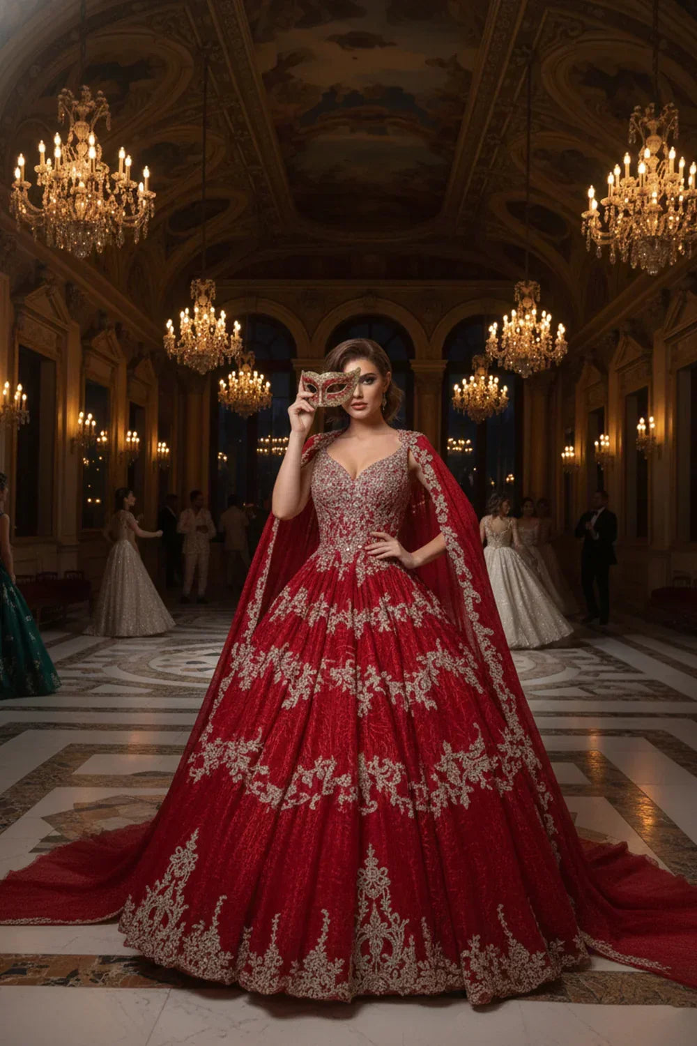 Woman in ornate red ball gown with gold embroidery and cape, holding mask in elegant ballroom.