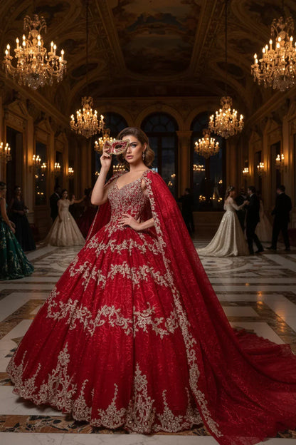Woman in ornate red ball gown with gold embroidery and cape, holding a mask in a grand ballroom.