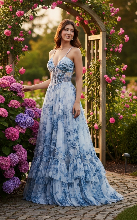 Sevoba|Modern A Line Spaghetti Straps Corset Floral Ruffled Long Prom Dress