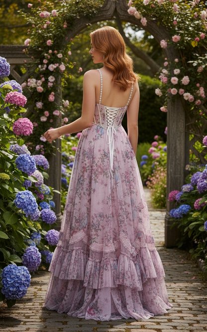 Sevoba|Modern A Line Spaghetti Straps Corset Floral Ruffled Long Prom Dress
