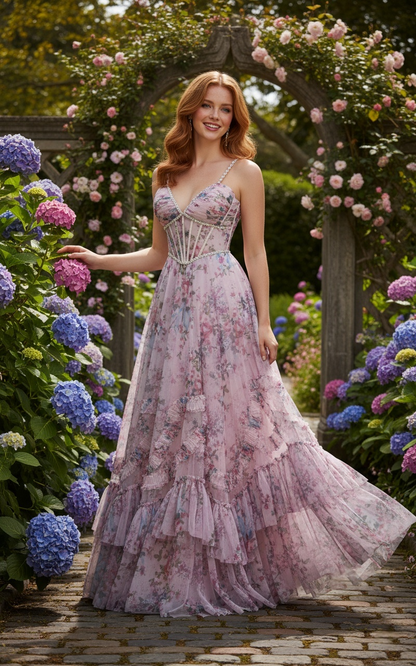 Sevoba|Modern A Line Spaghetti Straps Corset Floral Ruffled Long Prom Dress
