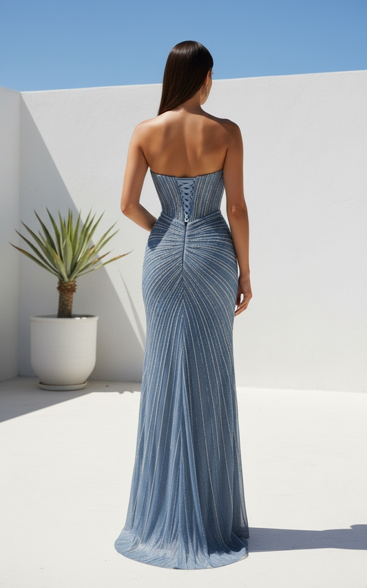 Sevoba strapless beaded corset sheath prom dress, Dusty Blue back view with lace-up corset back