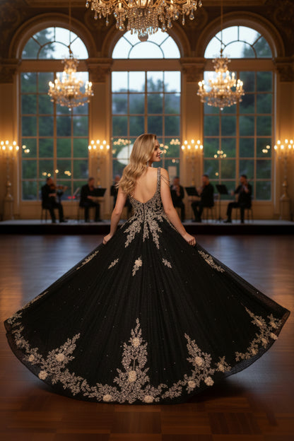 Ornate Floral Ball Gown Spaghetti Strap Quinceañera Dress With Beading | Sevoba