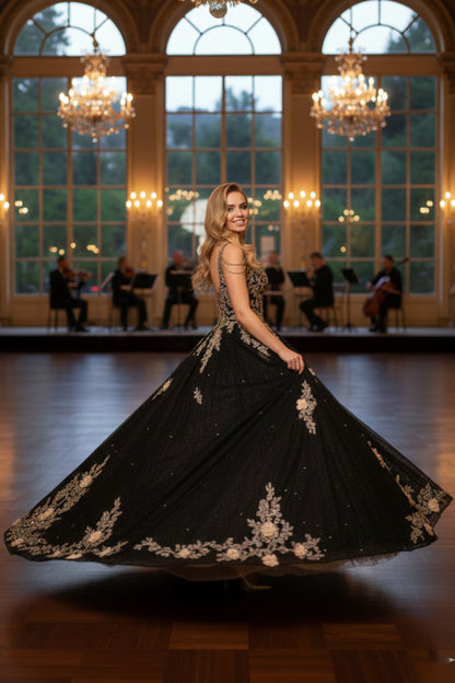 Ornate Floral Ball Gown Spaghetti Strap Quinceañera Dress With Beading | Sevoba