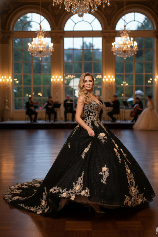 Ornate Floral Ball Gown Spaghetti Strap Quinceañera Dress With Beading | Sevoba