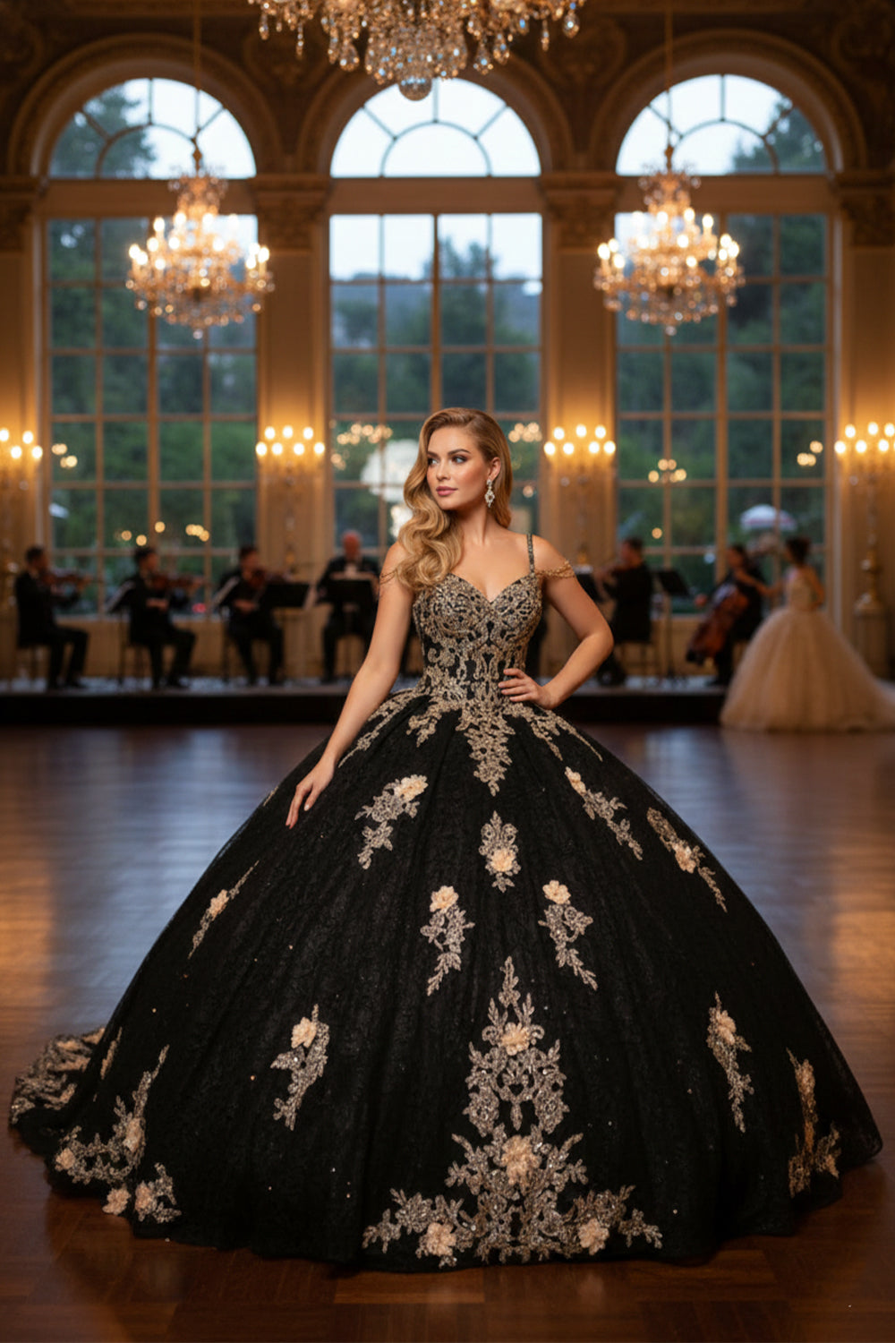 Ornate Floral Ball Gown Spaghetti Strap Quinceañera Dress With Beading | Sevoba