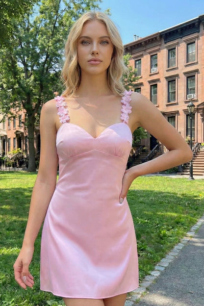 Sheath Satin V Neck Short Homecoming Dresses with Flower Straps | Sevoba