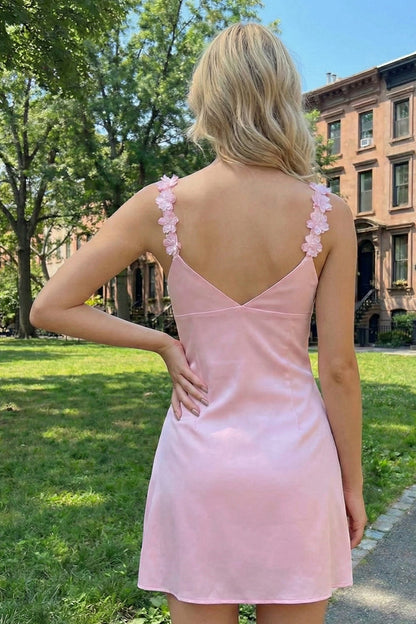 Sheath Satin V Neck Short Homecoming Dresses with Flower Straps | Sevoba