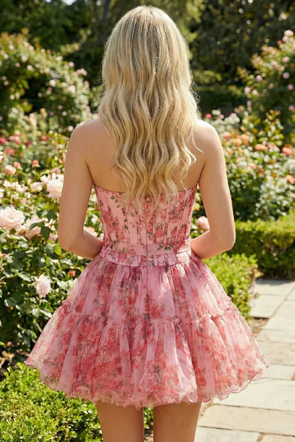 Strapless A-Line Floral Short Homecoming Dresses With Ruffles | Sevoba