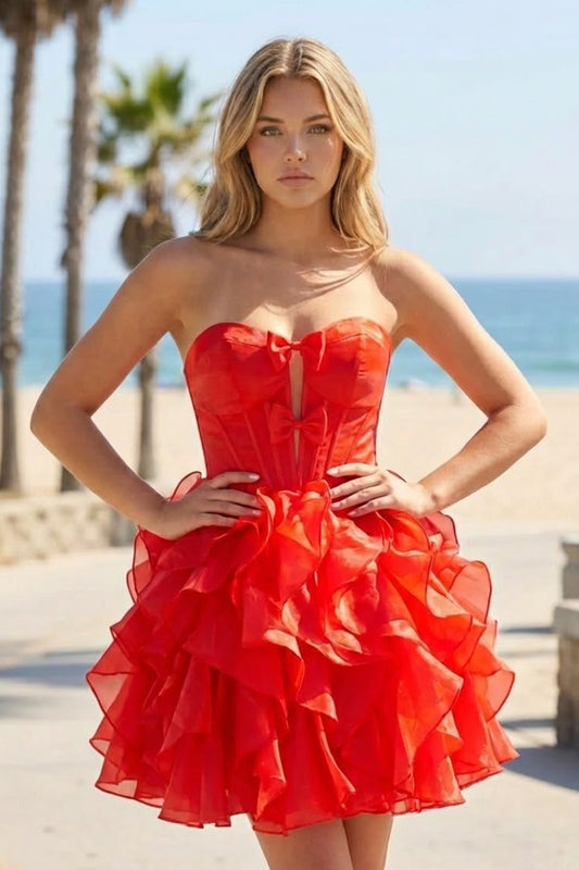 A Line Strapless Corset Ruffles Short Homecoming Dresses with Bows | Sevoba
