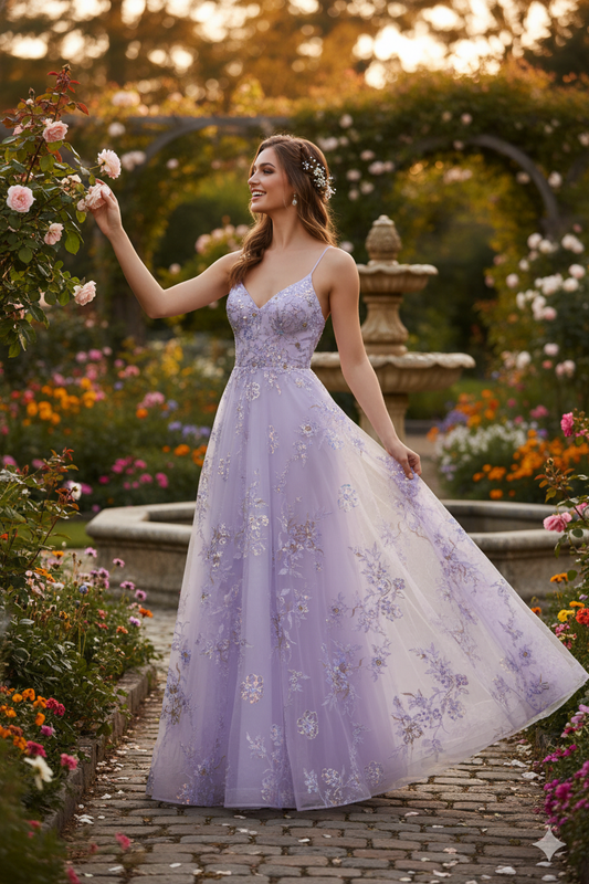 Sevoba|Stylish A Line Spaghetti Straps Tulle Lace Up Prom Dress With Appliques