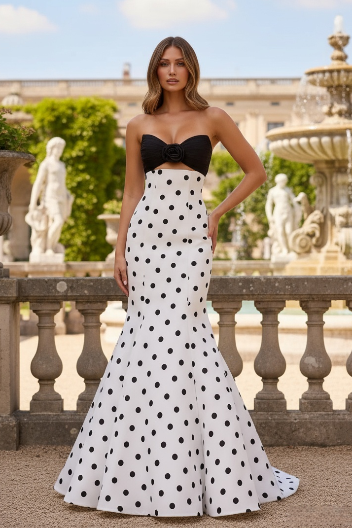 Sevoba|Stylish Mermaid Strapless Polka Dot Corset Long Prom Dress With 3D Flower