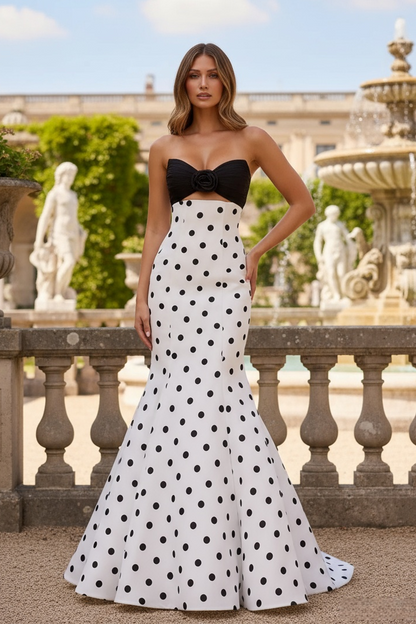 Sevoba|Stylish Mermaid Strapless Polka Dot Corset Long Prom Dress With 3D Flower