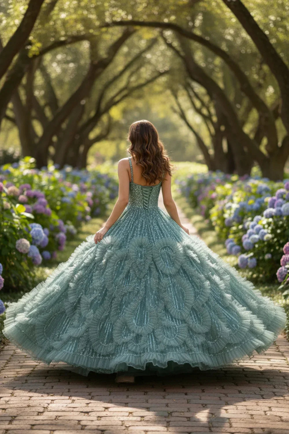 Woman in a textured ruffle ball gown with spaghetti straps and glitter, walking in a garden