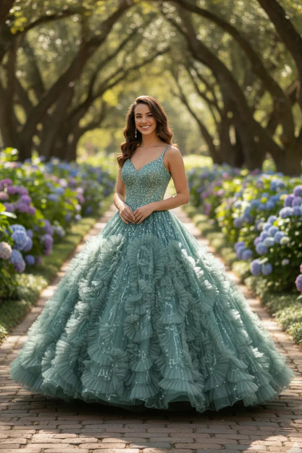 Woman in a green textured ruffle ball gown with spaghetti straps and glitter detail, standing outdoors among blooming hydrangeas.