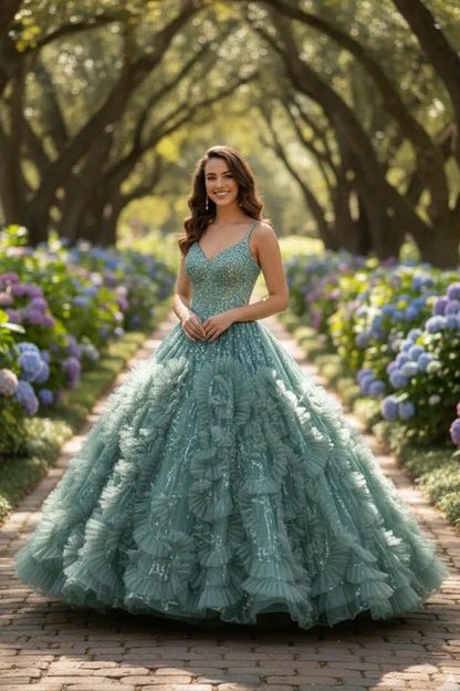 Woman in a green textured ruffle ball gown with spaghetti straps and glitter detail, standing outdoors among blooming hydrangeas.