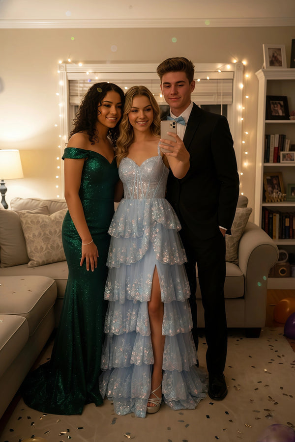 Sevoba prom photo at home, friends taking a selfie with a light blue tiered ruffle dress and a green off shoulder gown.