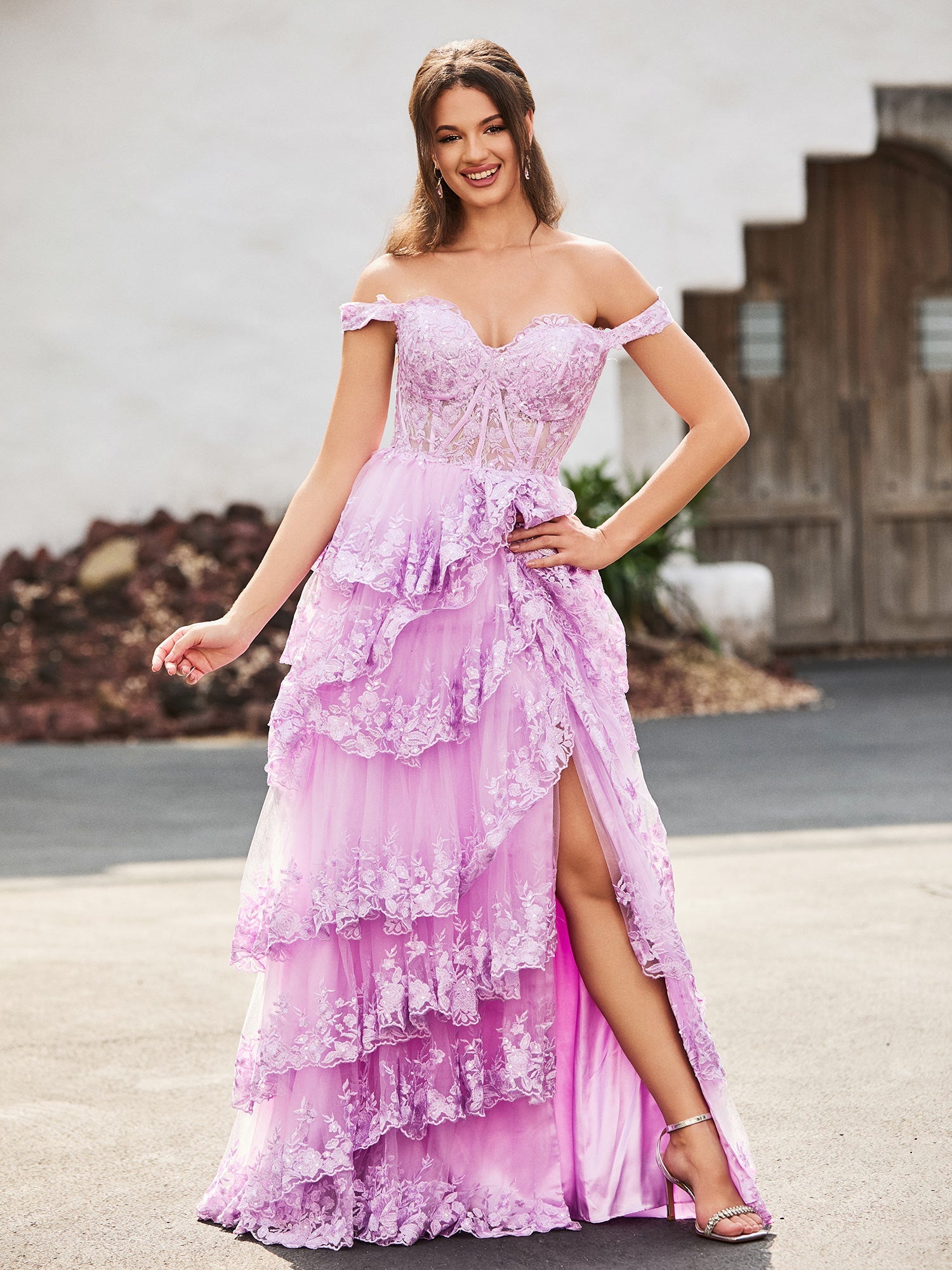 Sevoba | Off The Shoulder Tiered Prom Dress with Slit Lilac