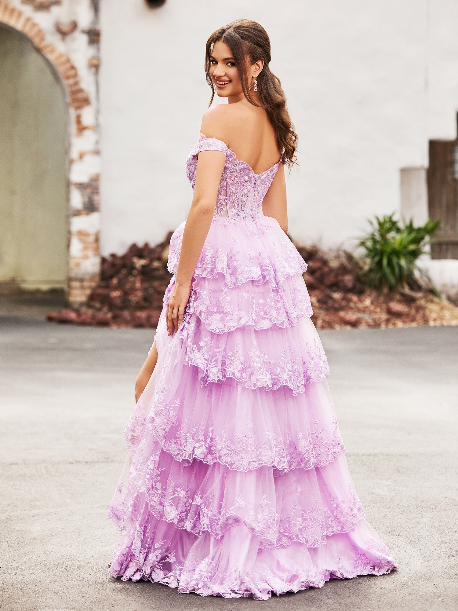 Sevoba | Off The Shoulder Tiered Prom Dress with Slit Lilac
