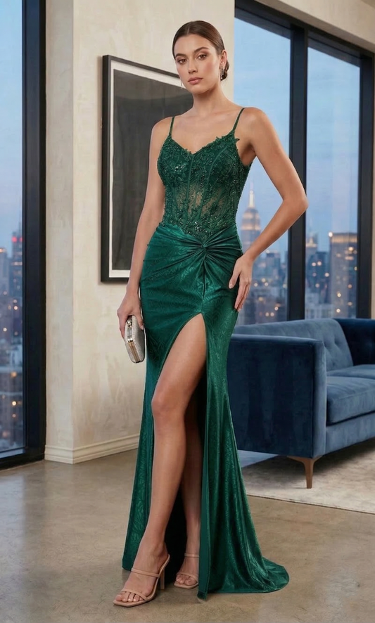 Sheer Lace Corset Bodice Mermaid Prom Dress with Slit | Sevoba