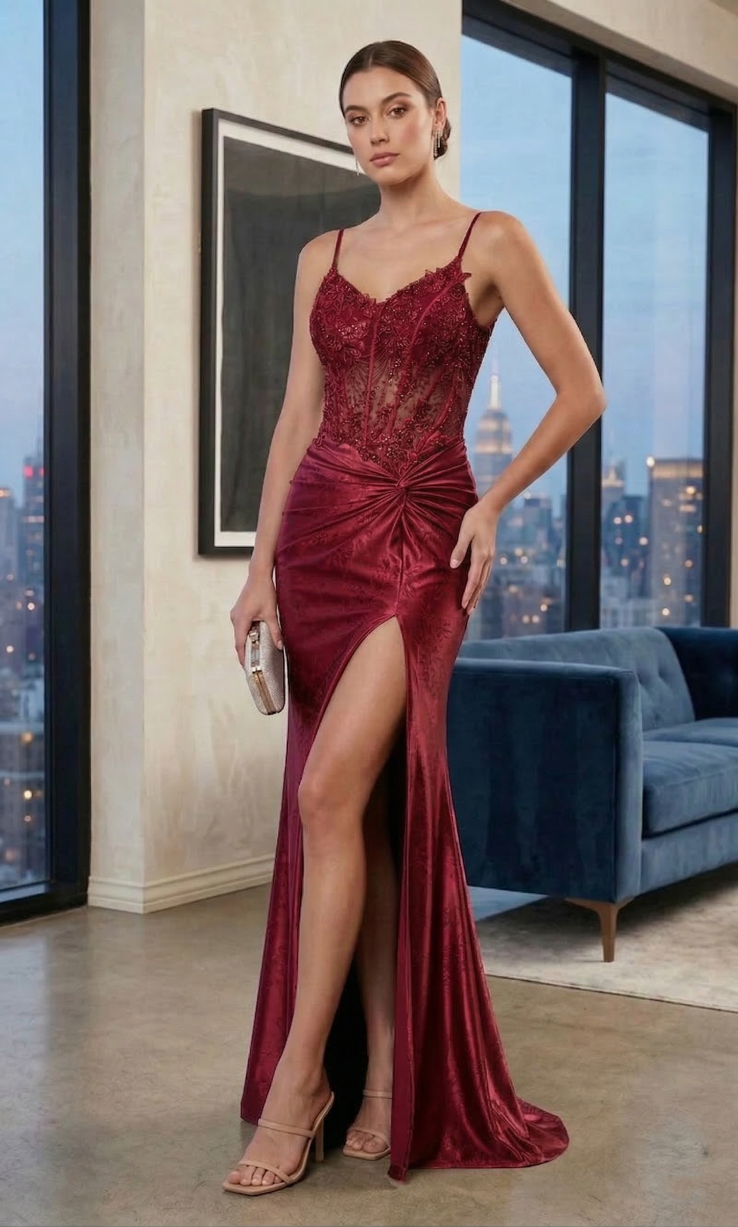 Sheer Lace Corset Bodice Mermaid Prom Dress with Slit | Sevoba