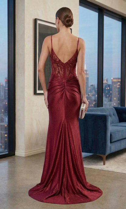 Sheer Lace Corset Bodice Mermaid Prom Dress with Slit | Sevoba