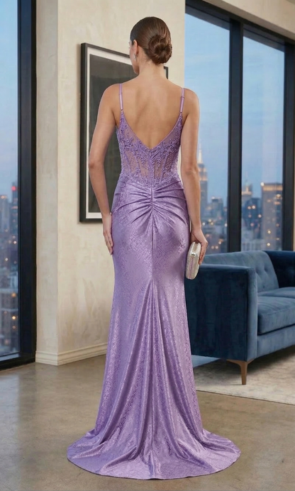 Sheer Lace Corset Bodice Mermaid Prom Dress with Slit | Sevoba