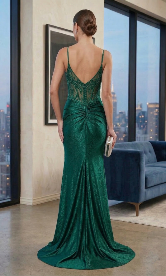 Sheer Lace Corset Bodice Mermaid Prom Dress with Slit | Sevoba
