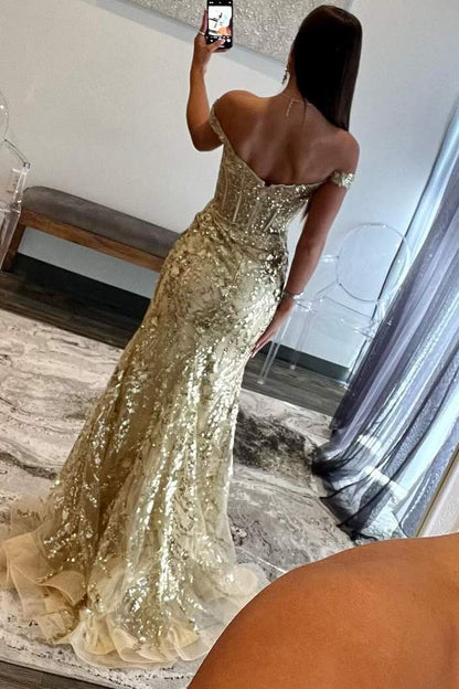 Sevoba|Off-the-Shoulder Sequin Lace Mermaid Long Dress with High Slit