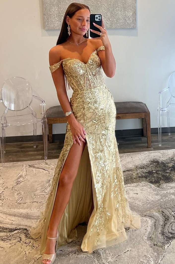 Sevoba|Off-the-Shoulder Sequin Lace Mermaid Long Dress with High Slit