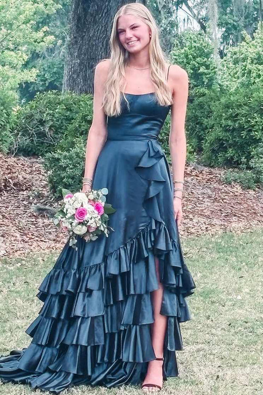 Sevoba|Red Spaghetti Straps Ruched Satin Long Prom Dress with Slit