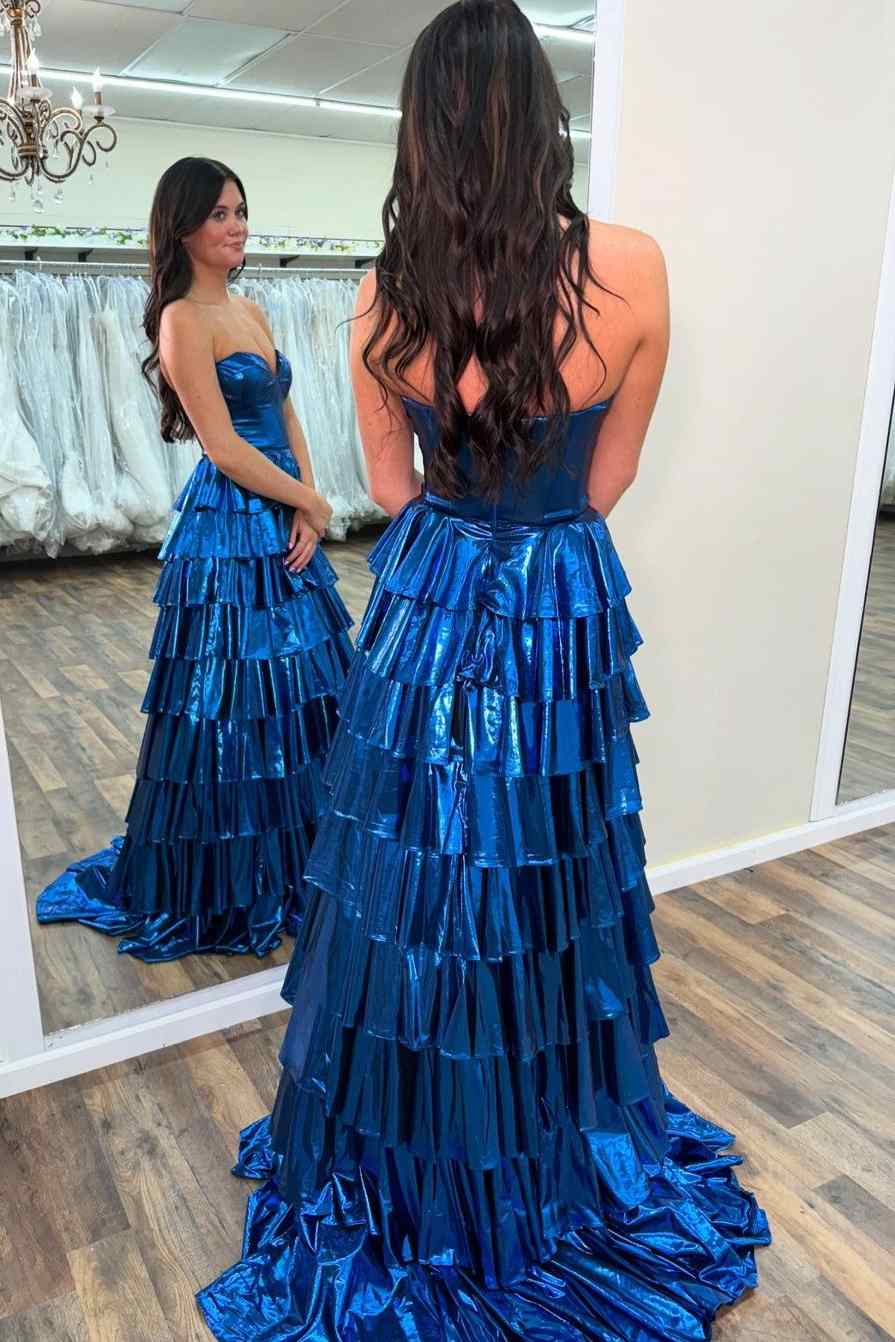 Sevoba|A-Line Metallic Empire-Waist Sweetheart Ruffle Tiered Long Prom Dress