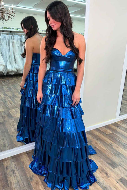 Sevoba|A-Line Metallic Empire-Waist Sweetheart Ruffle Tiered Long Prom Dress