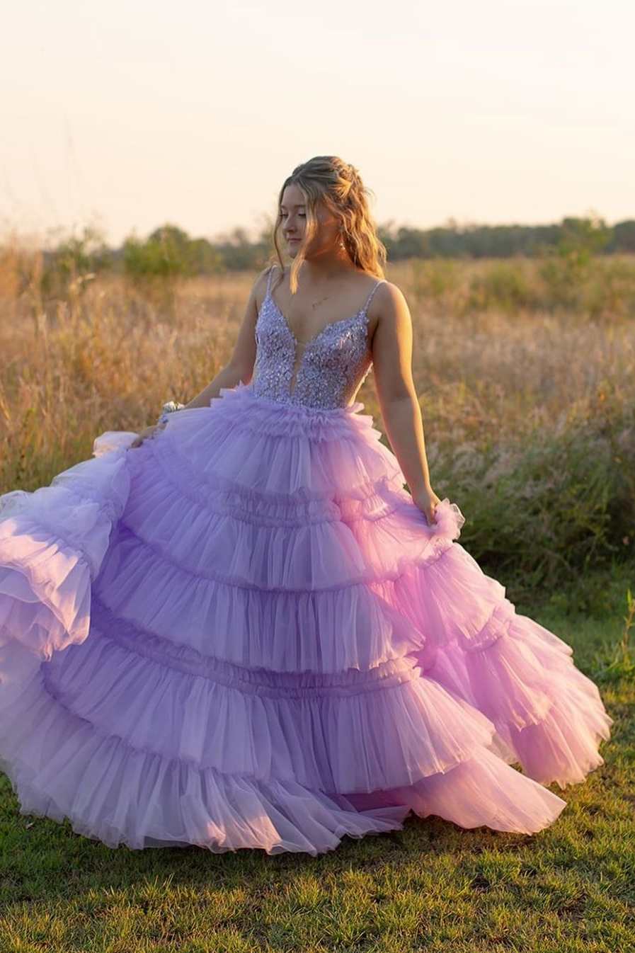 Sevoba|Spaghetti Strap V-Neck Sleeveless Ruffle Tiered Tulle Long Prom Dress