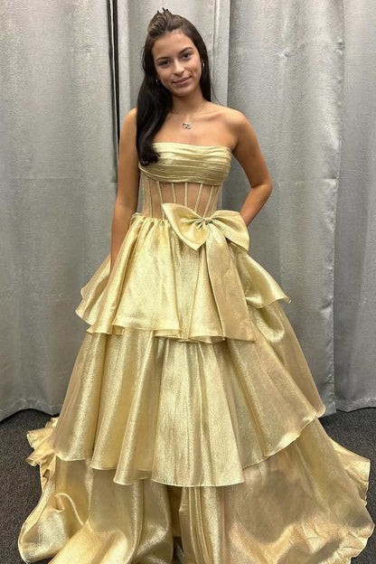 Sevoba|A-Line Strapless Empire-Waist Tiered Sleeveless Long Prom Dress with Bow