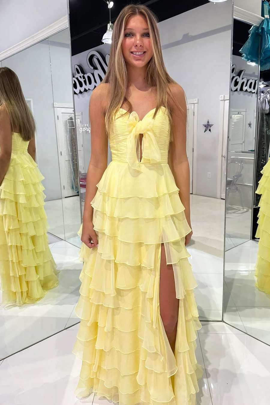 Sevoba|Pink Strapless A-Line Layered Chiffon Side Slit Formal Prom Dress