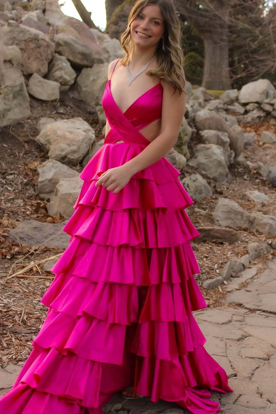 Sevoba|Burgundy Spaghetti Straps V-Neck Layered Satin Prom Dress with Slit