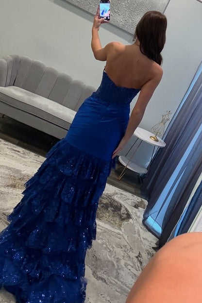 Sevoba|Red Strapless V-Neck Mermaid Pleated Layered Long Prom Dress with Slit