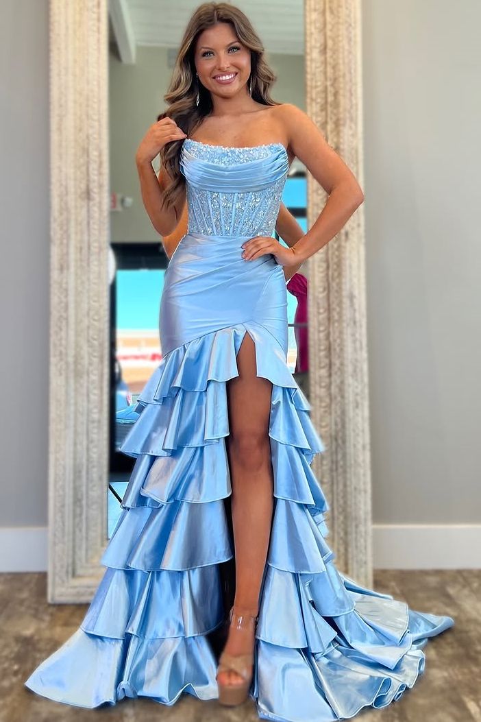 Sevoba|Pink Strapless Scoop Layered Pleated Mermaid Prom Dress with Slit