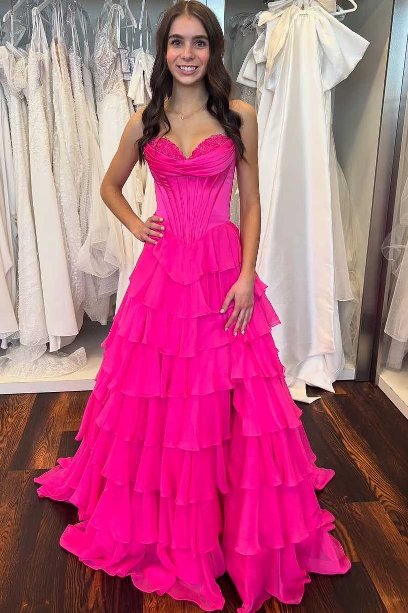 Sevoba|A-Line Strapless V-Neck Tiered Empire-Waist Long Prom Dress